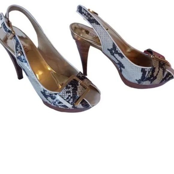 Michael Kors Niki Snake Leather Open Toe Buckle Platform Slingback Heels… - Picture 2 of 13